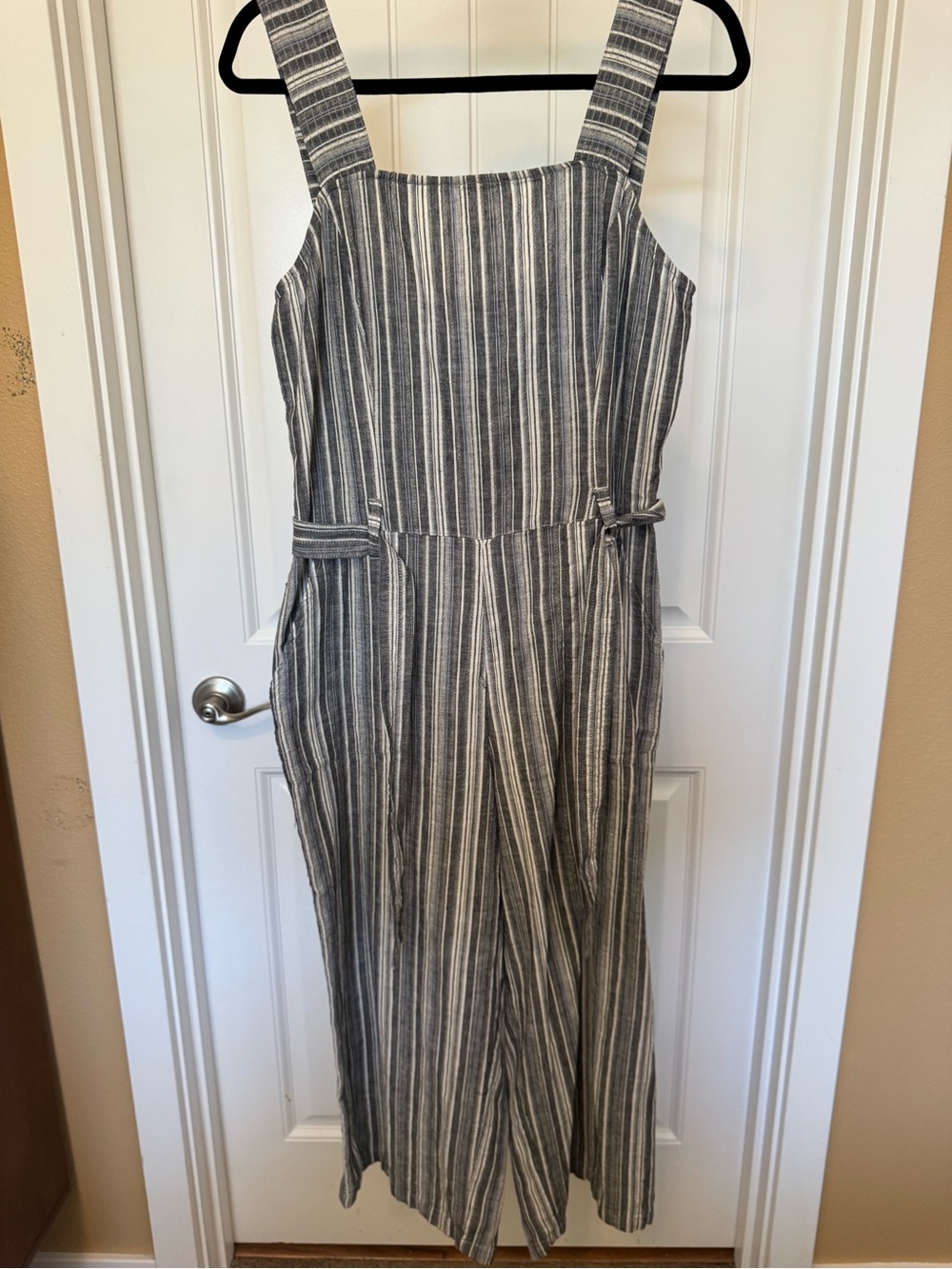 Vince Camuto Gray and White Striped Sleeveless Jumpsuit